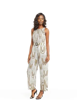 Floral Chain Halter Neck Buckle Belted Jumpsuit