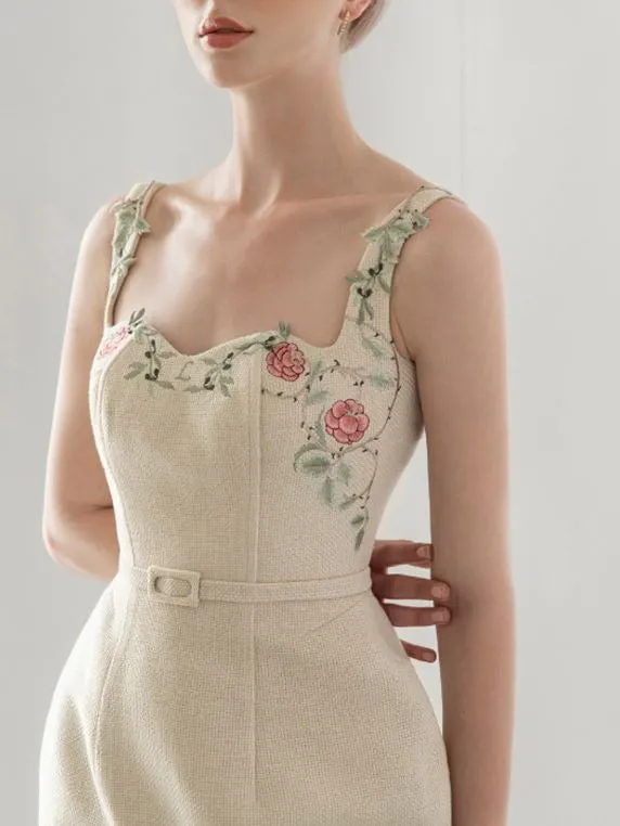 Floral Embroidery Spaghetti Strap Midi Dress