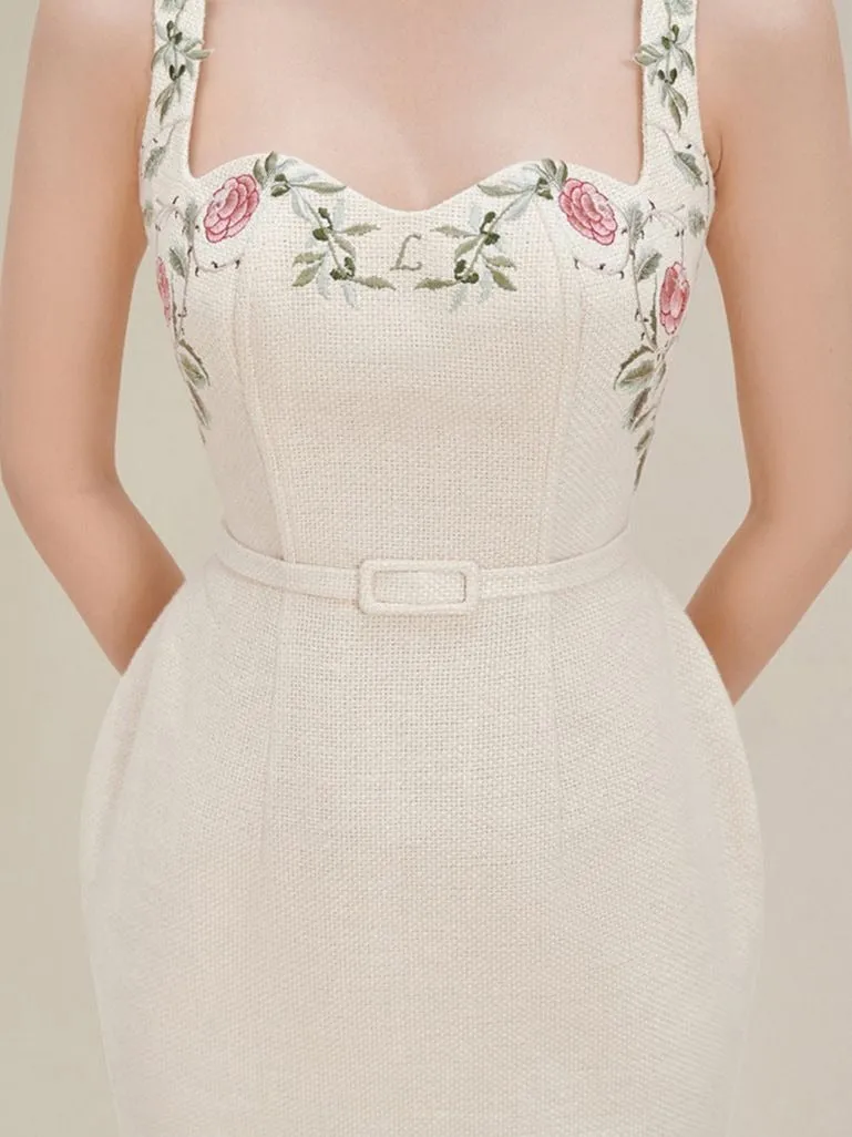 Floral Embroidery Spaghetti Strap Midi Dress