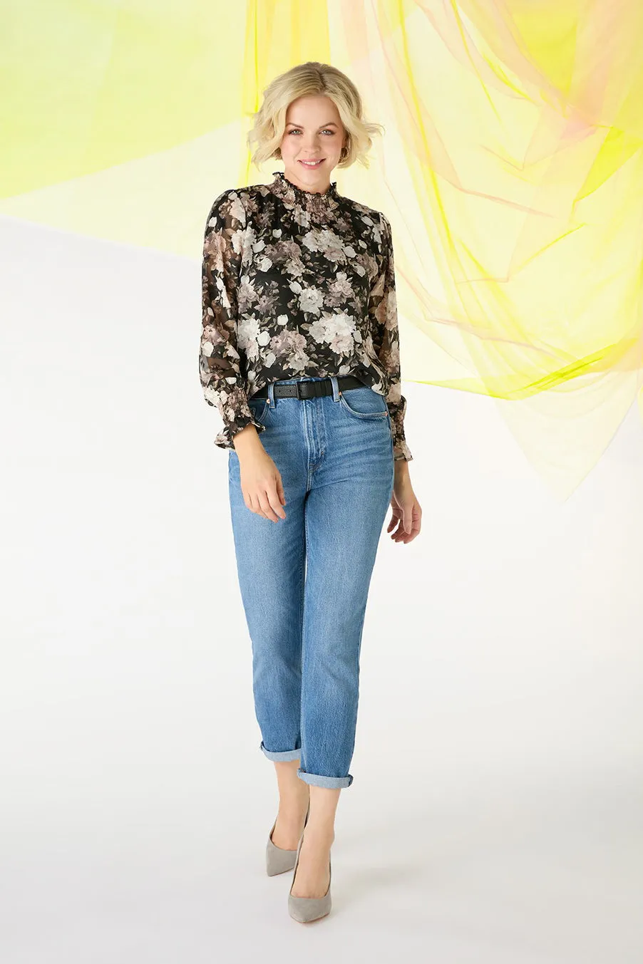 Floral High Shirred Neck Blouse