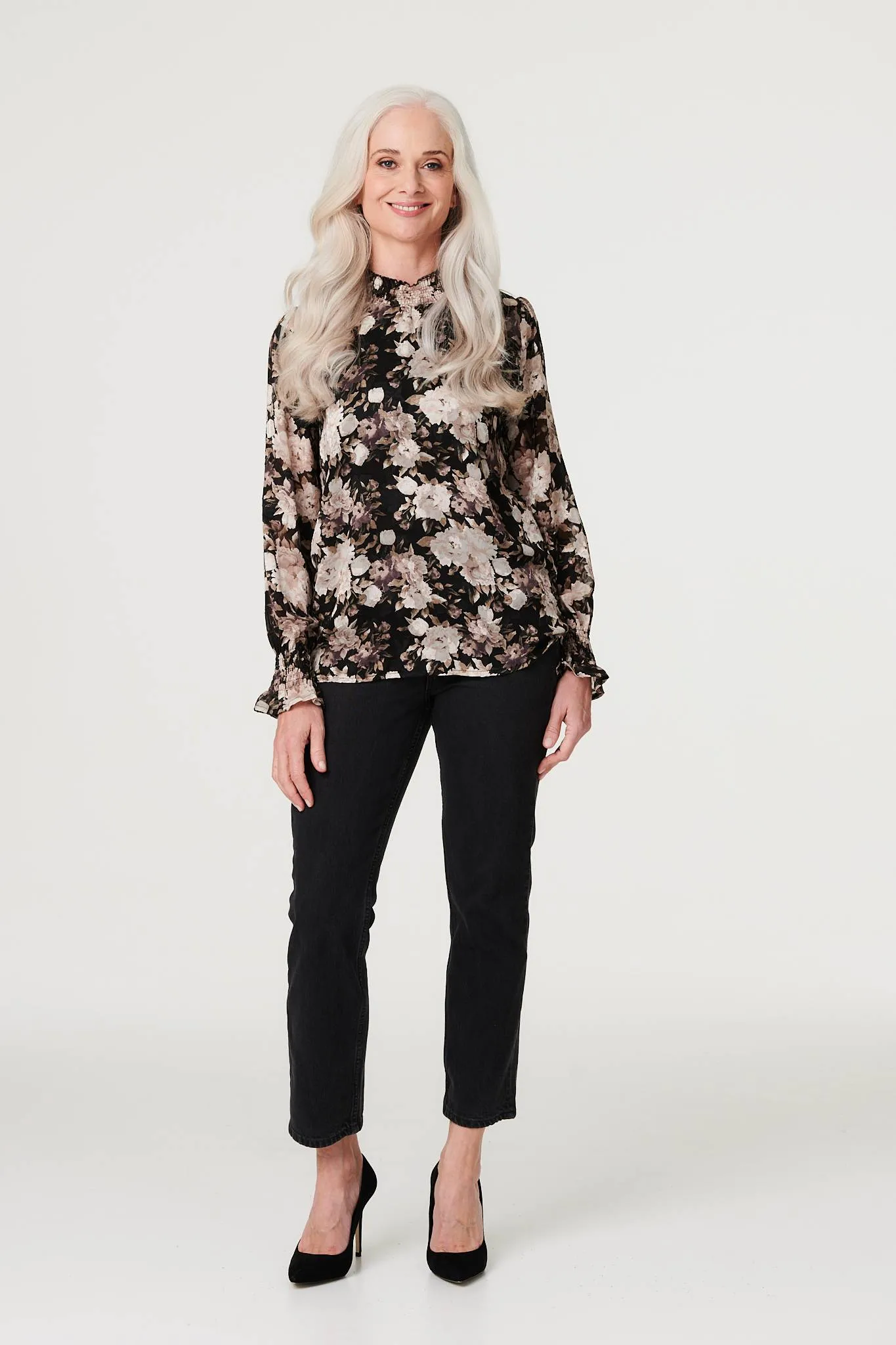 Floral High Shirred Neck Blouse