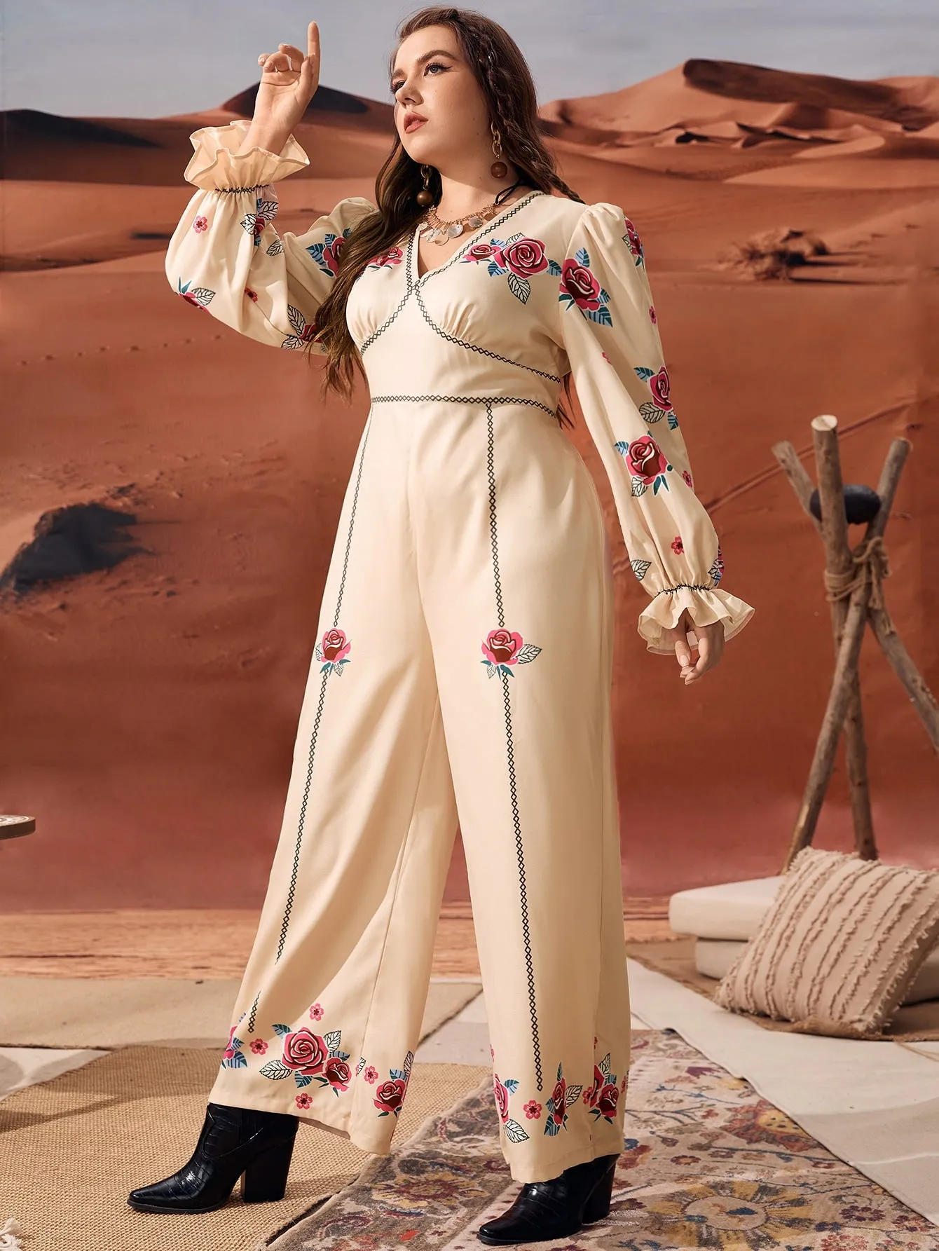 Floral Ruffle Long Sleeve V Neck Long Plus Size Jumpsuit