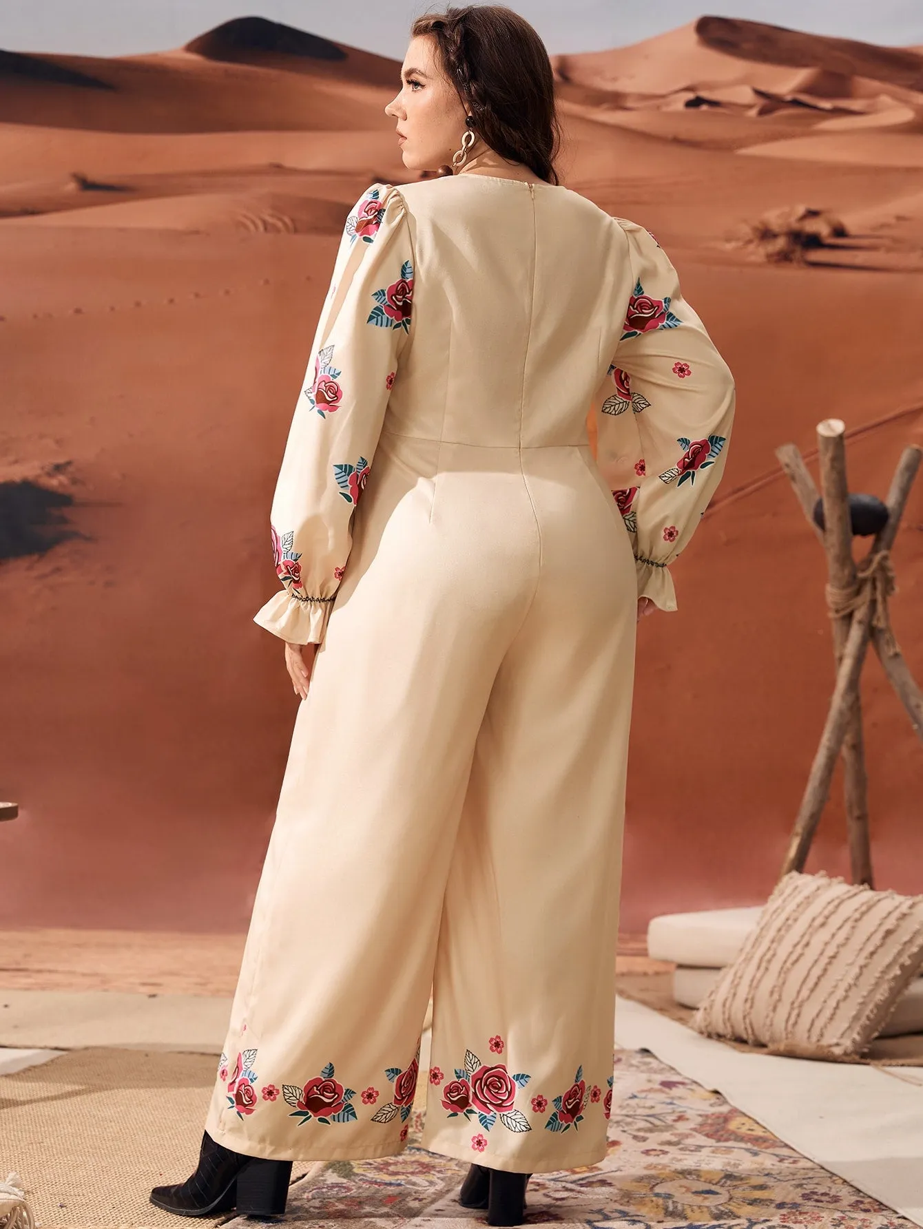 Floral Ruffle Long Sleeve V Neck Long Plus Size Jumpsuit