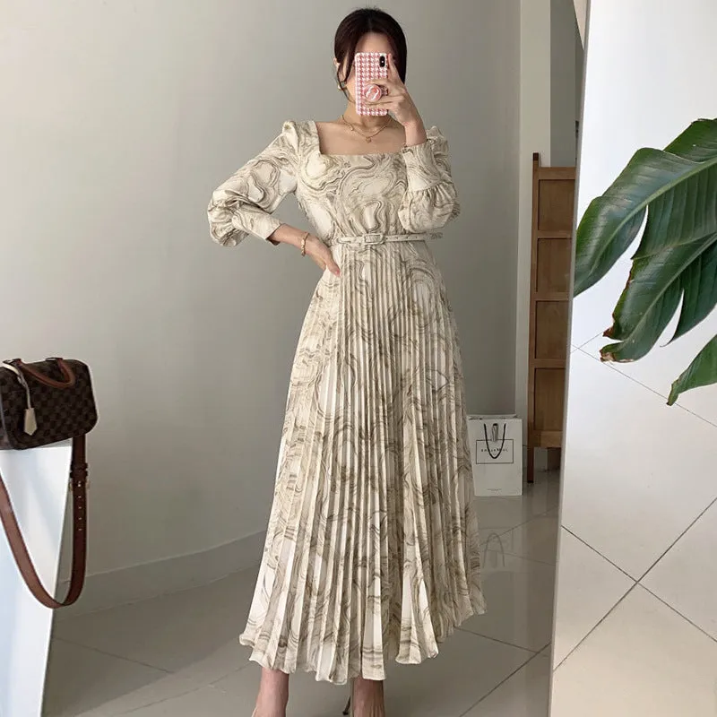 Flytonn-homecoming dresses hoco dresses party dresses fall outfits women  y2k outfits spring summer women's dress Women's Printed Waist Long Pleated Dress