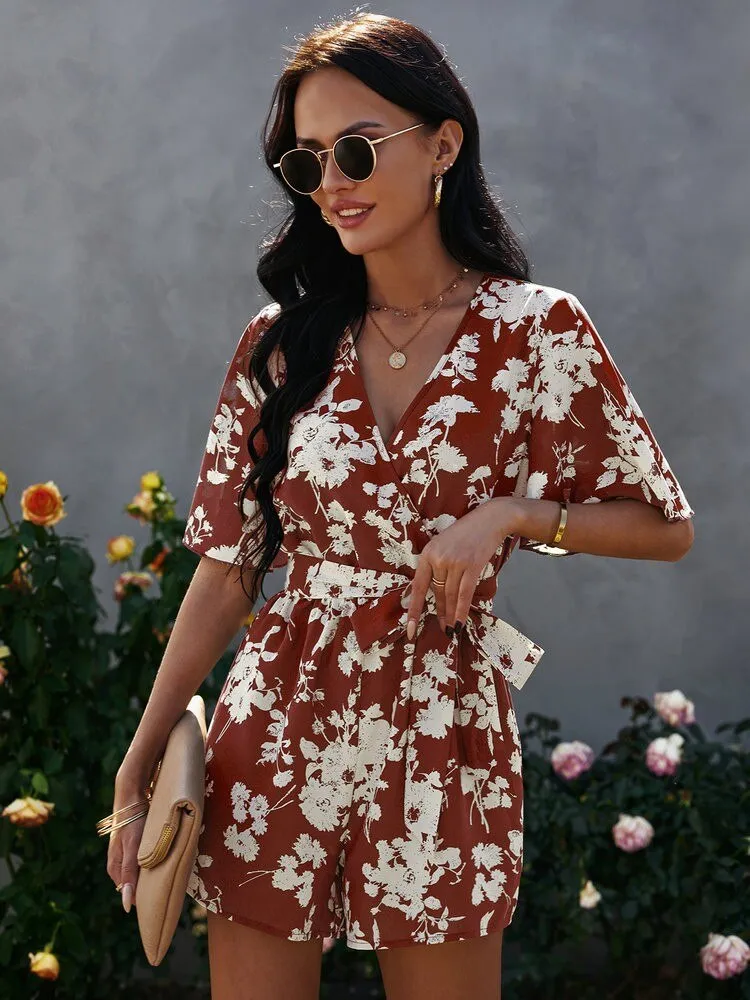 Front Allover Floral Print Belted Playsuits Wide Leg Pants Rompers