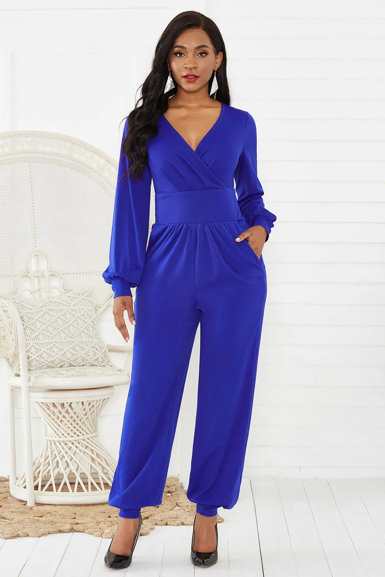 Gathered Detail Surplice Lantern Sleeve Jumpsuit, 4 Colors