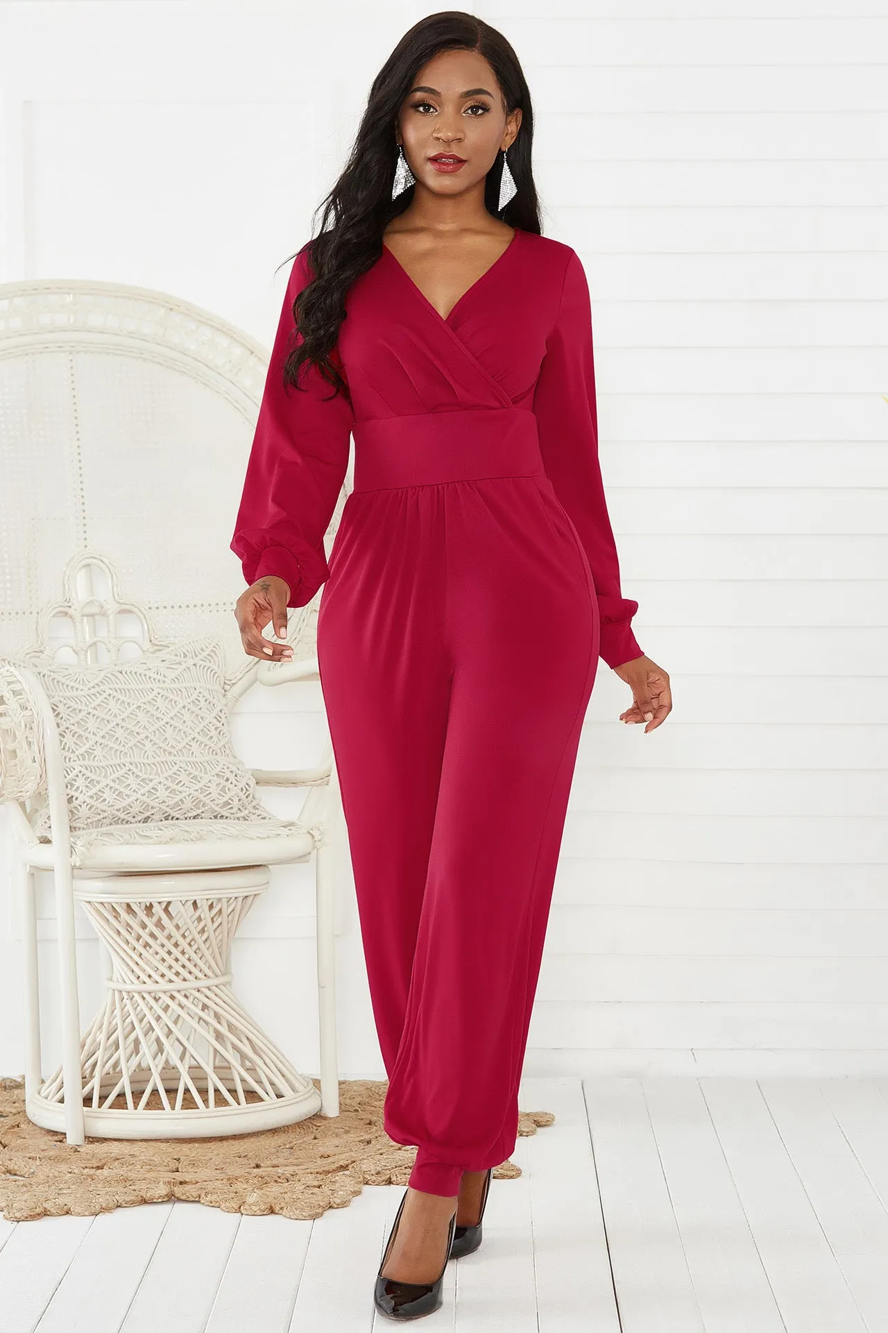 Gathered Detail Surplice Lantern Sleeve Jumpsuit, 4 Colors