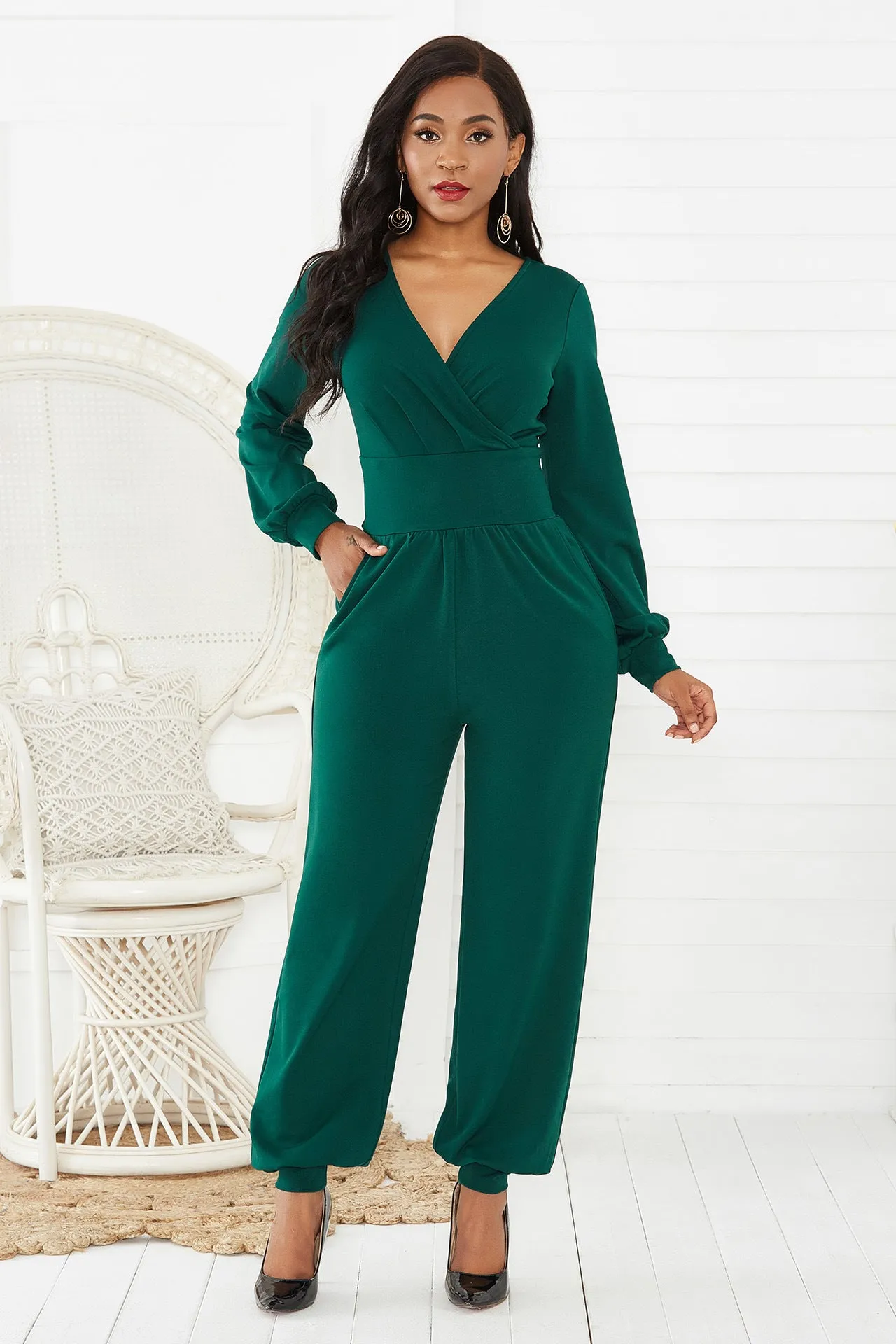 Gathered Detail Surplice Lantern Sleeve Jumpsuit, 4 Colors