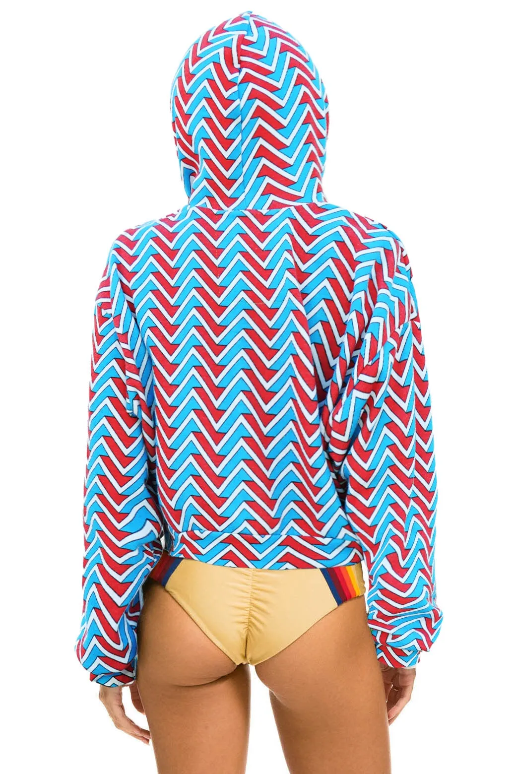 GEO ZIG BOLT EMBRIODERY RELAXED CROPPED PULLOVER HOODIE - RED // BLUE