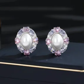 geometric oval zircon inlaid pearl high-end earrings