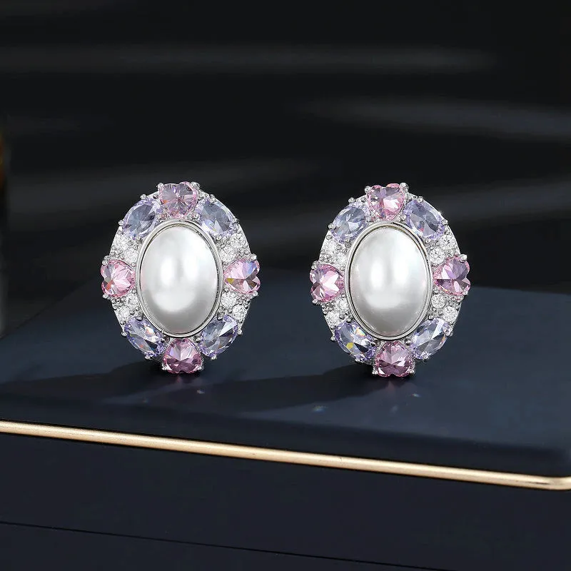 geometric oval zircon inlaid pearl high-end earrings