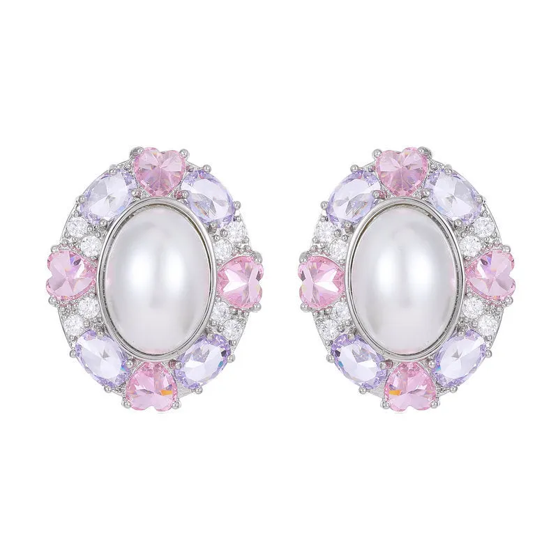 geometric oval zircon inlaid pearl high-end earrings