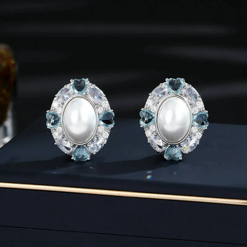 geometric oval zircon inlaid pearl high-end earrings