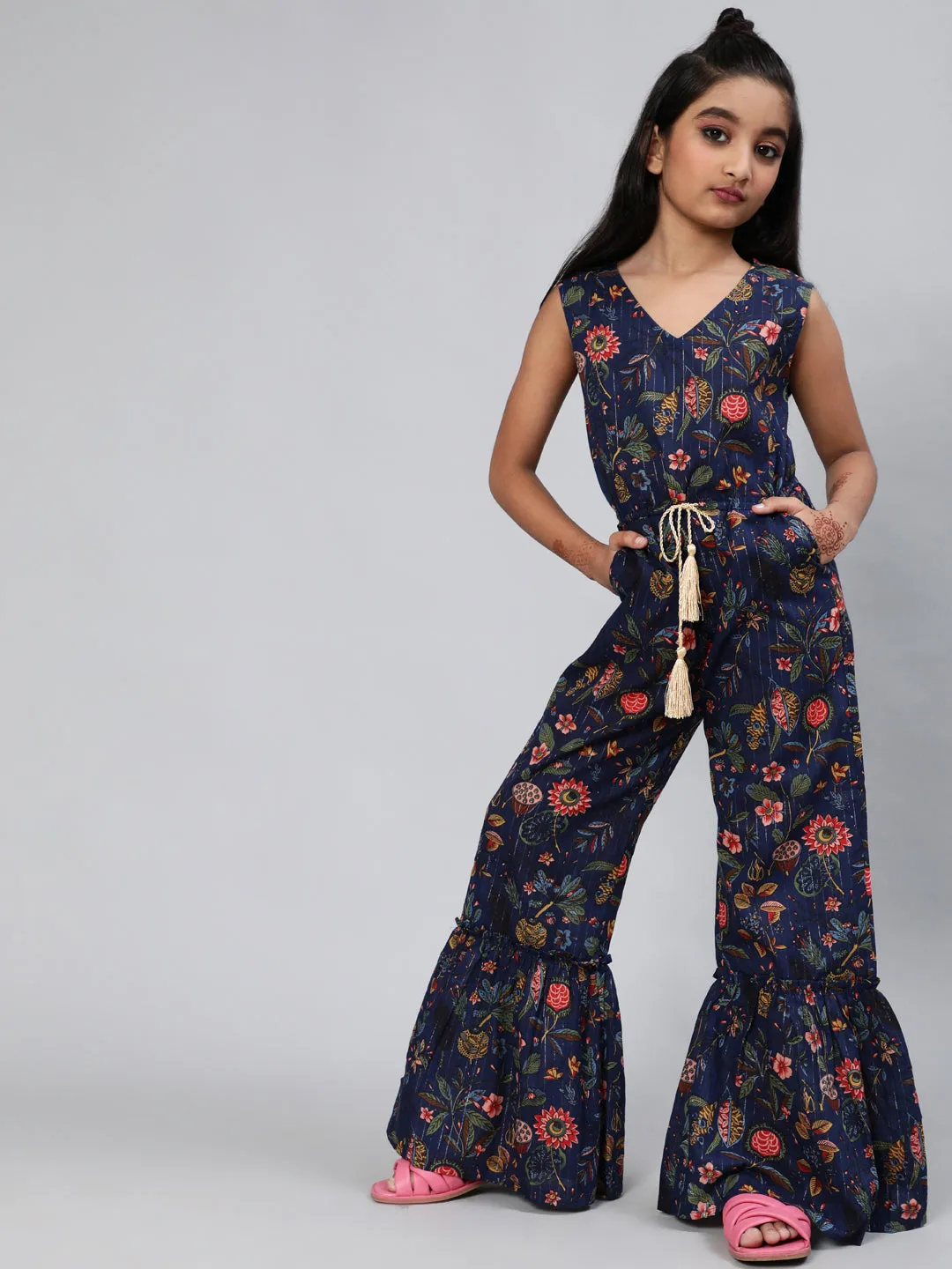 Girl's Navy Blue Floral Print Jumpsuit - Aks Girls