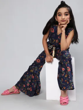 Girl's Navy Blue Floral Print Jumpsuit - Aks Girls