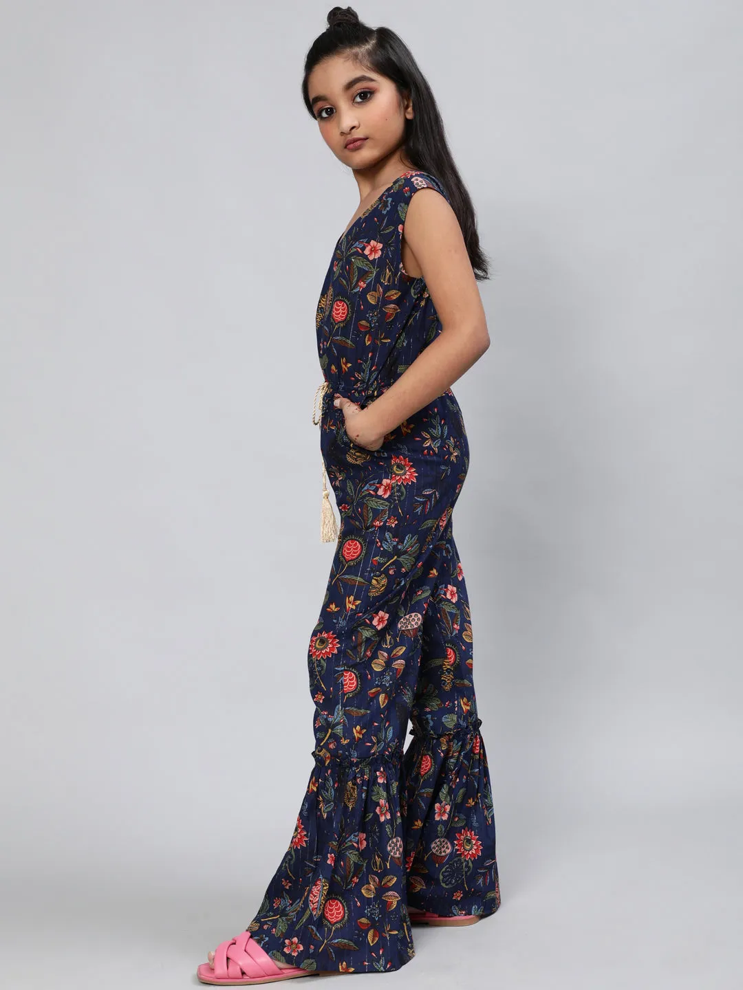 Girl's Navy Blue Floral Print Jumpsuit - Aks Girls