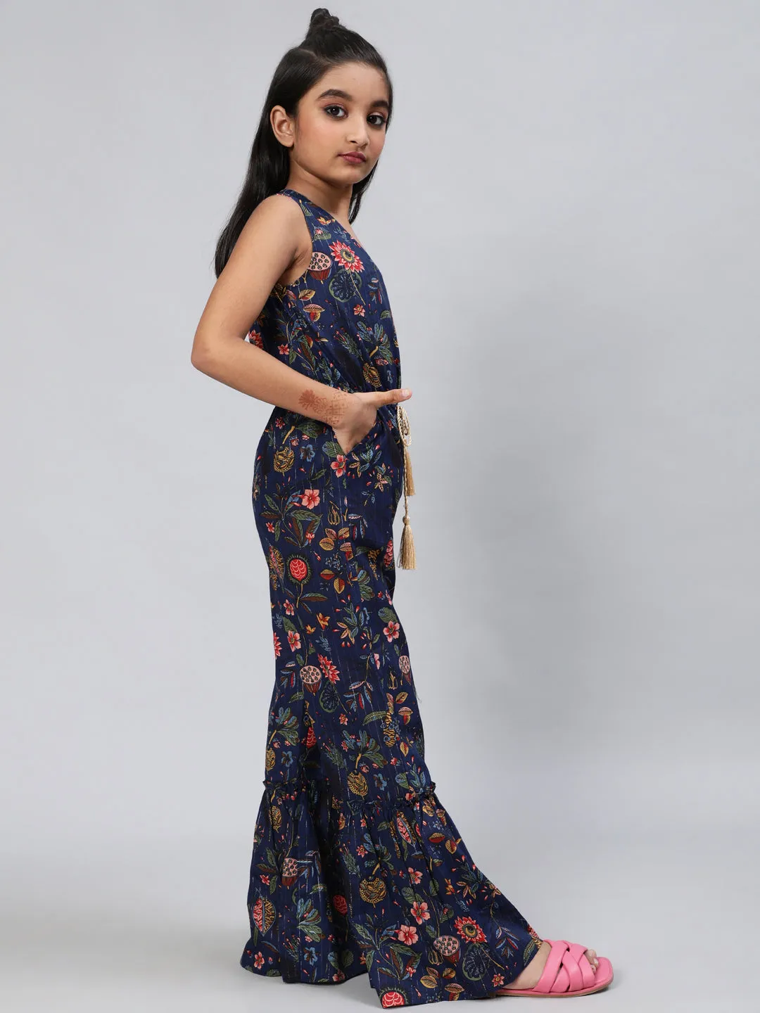 Girl's Navy Blue Floral Print Jumpsuit - Aks Girls