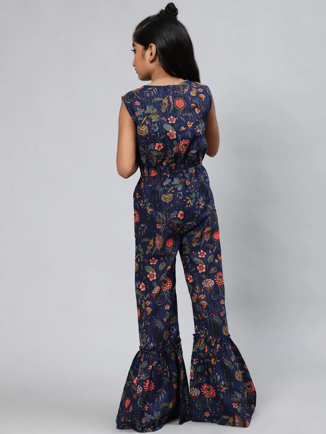 Girl's Navy Blue Floral Print Jumpsuit - Aks Girls