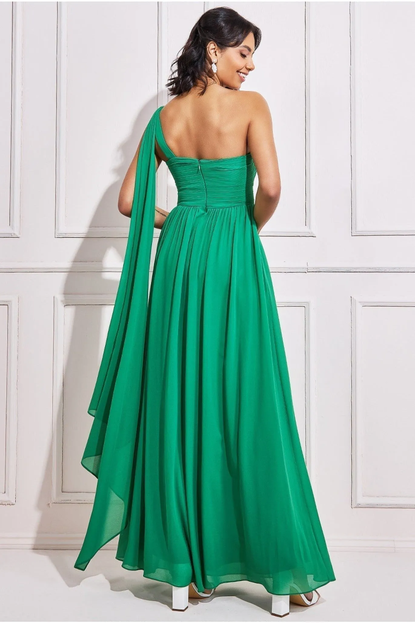 Goddiva One Shoulder Pleated Chiffon Scarf Maxi - Green