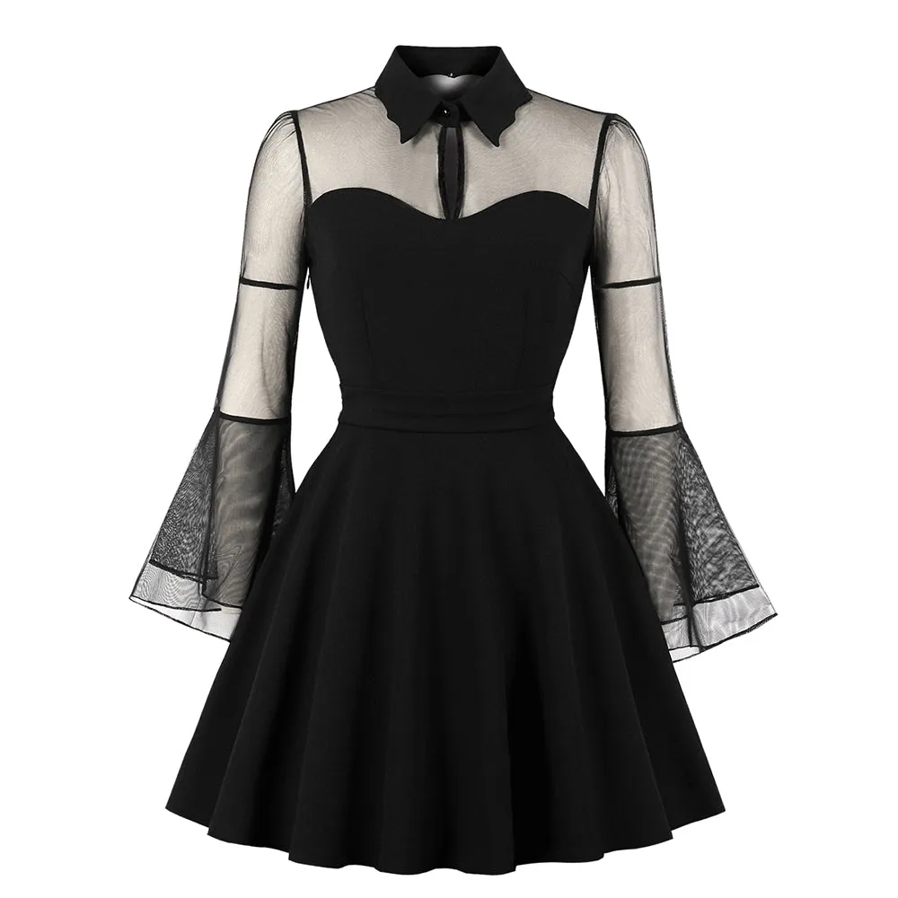 Gothic Sexy Black Patchwork See-Through Mesh Flare Sleeve Draped Elegant Short Dress