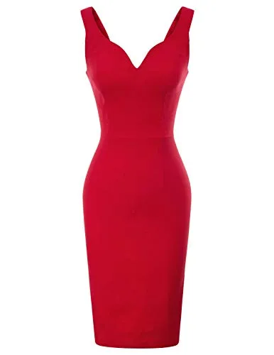 GRACE KARIN Women's Stretchy Pencil Dress Cocktail Party V Neck Business Dress Red S