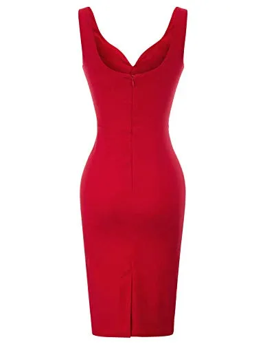 GRACE KARIN Women's Stretchy Pencil Dress Cocktail Party V Neck Business Dress Red S