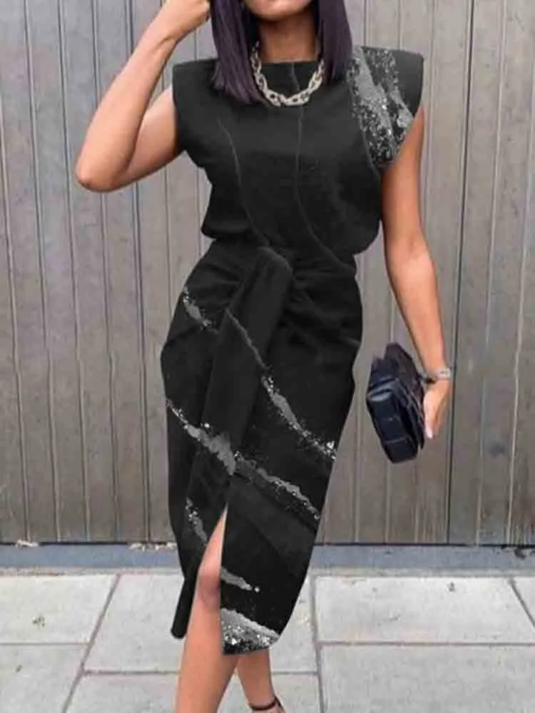 Graduation Gifts New Summer Elegant Women O-Neck Patchwork Midi Dress Fahion Sleeveless Lace-Up Design Party Dresses Female Office Chic Mujers