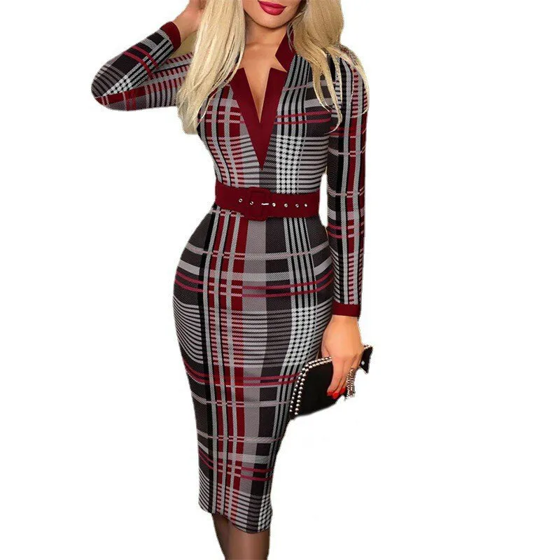 Graduation Gifts Spring Summer Women Tight Tie Detail Dress Fashion Elegant Office Ladies Plaid Print Belt Short Sleeve Dresses Hot New Vestidos