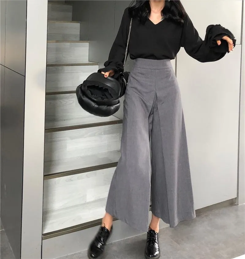 Gray Black Elegant Loose High Waist Casual Pants