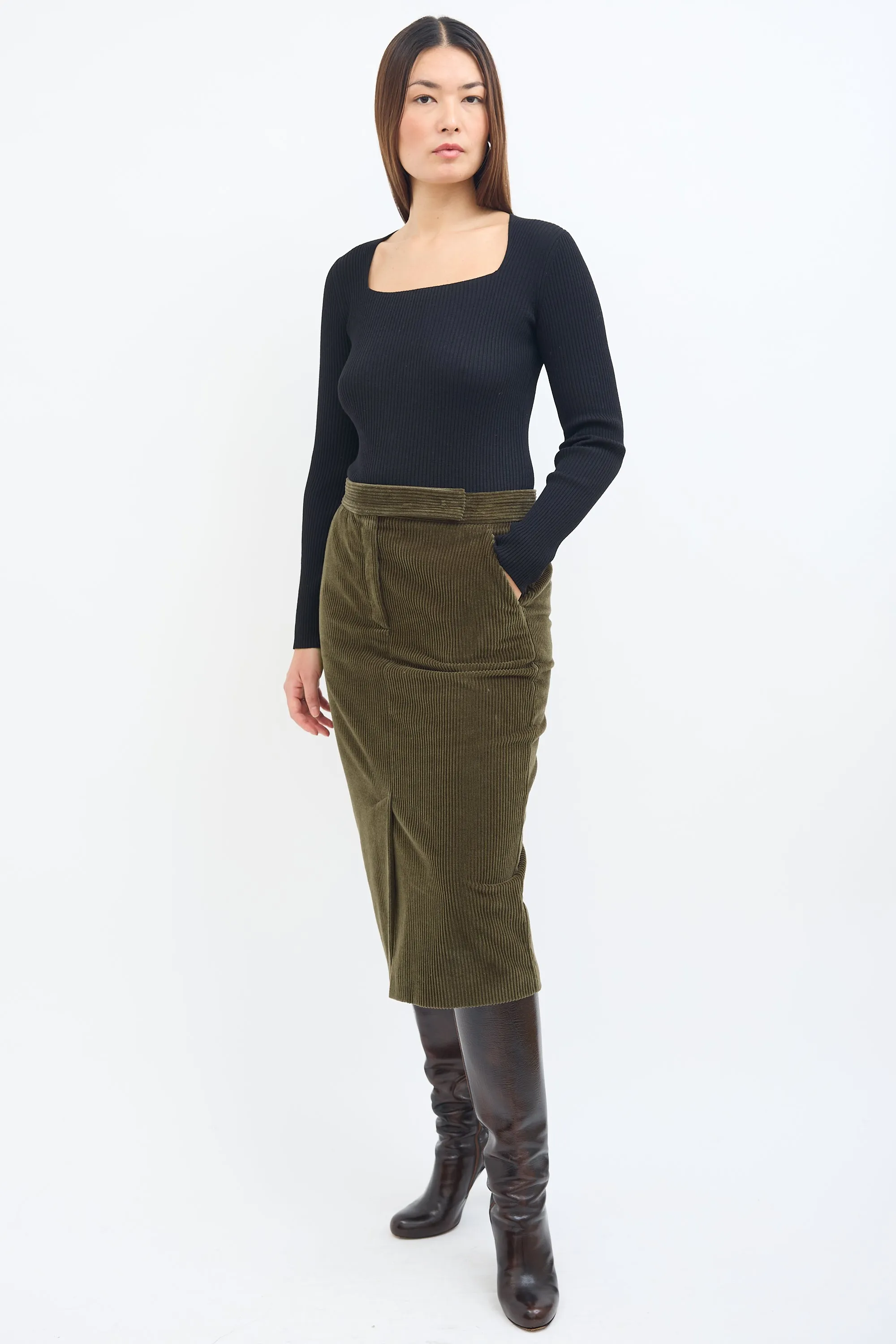 Green Corduroy Pencil Skirt