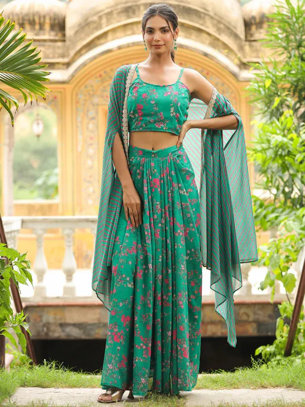 Green Georgette Floral Print Pleated Skirt with Top & Cape