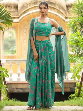 Green Georgette Floral Print Pleated Skirt with Top & Cape