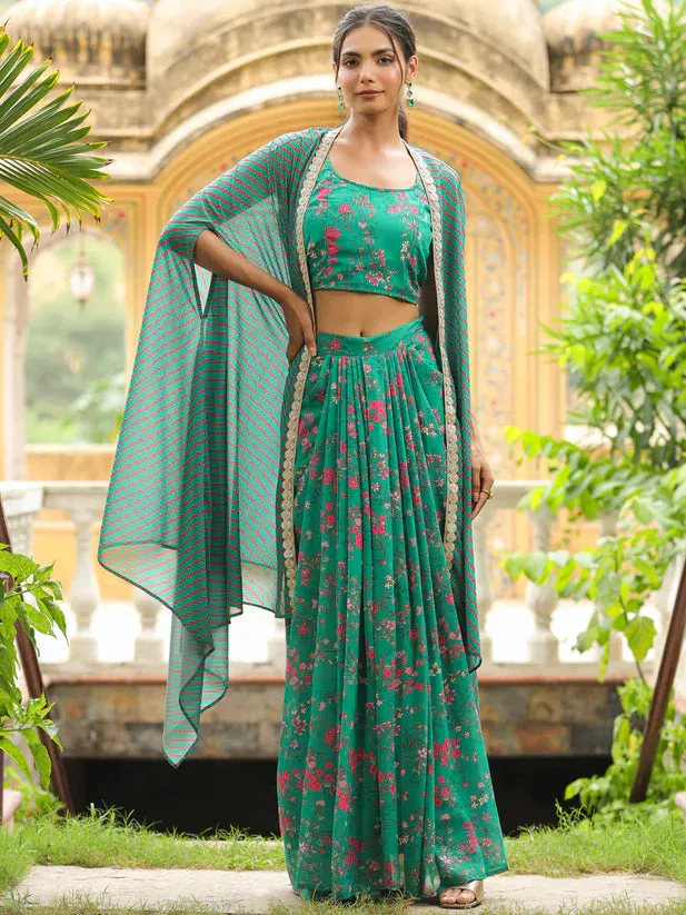 Green Georgette Floral Print Pleated Skirt with Top & Cape