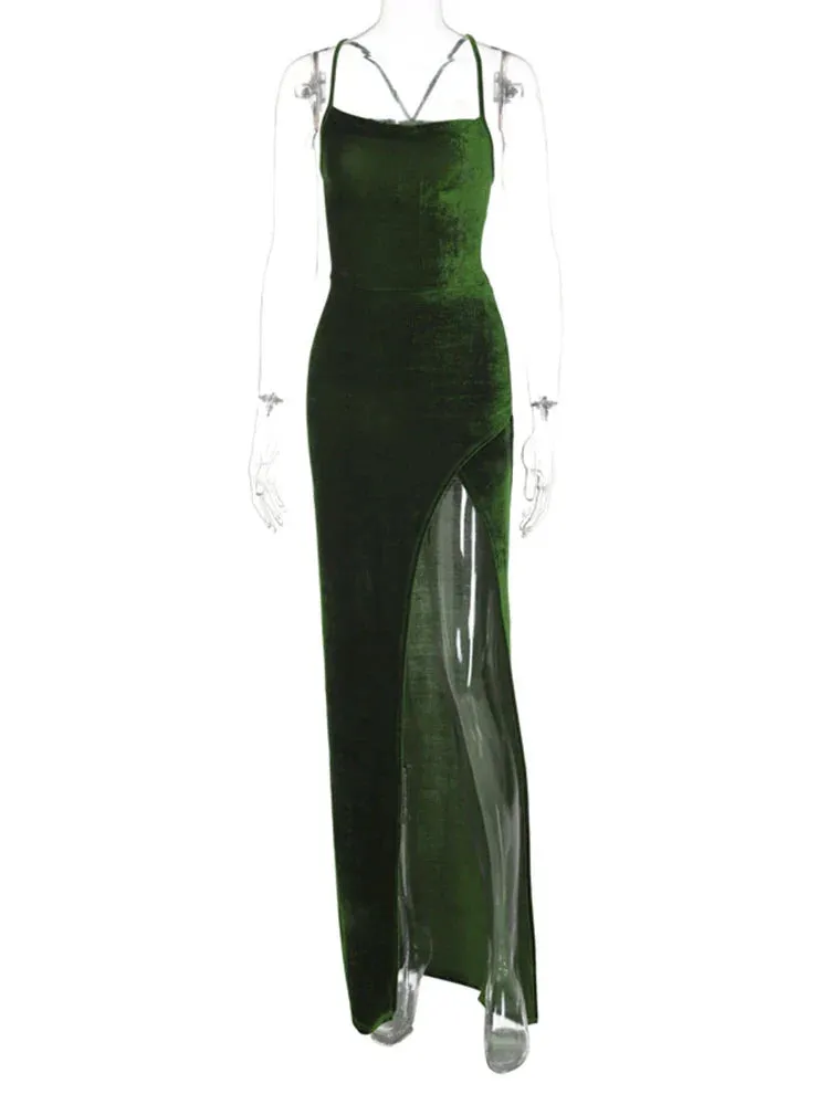 Green Velvet Lace Up Side Slit Backless Bodycon Prom Maxi Dress Women - Elegant Birthday Party