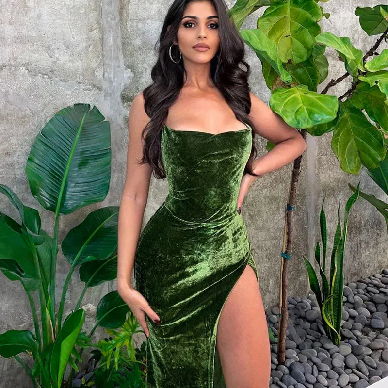 Green Velvet Lace Up Side Slit Backless Bodycon Prom Maxi Dress Women - Elegant Birthday Party