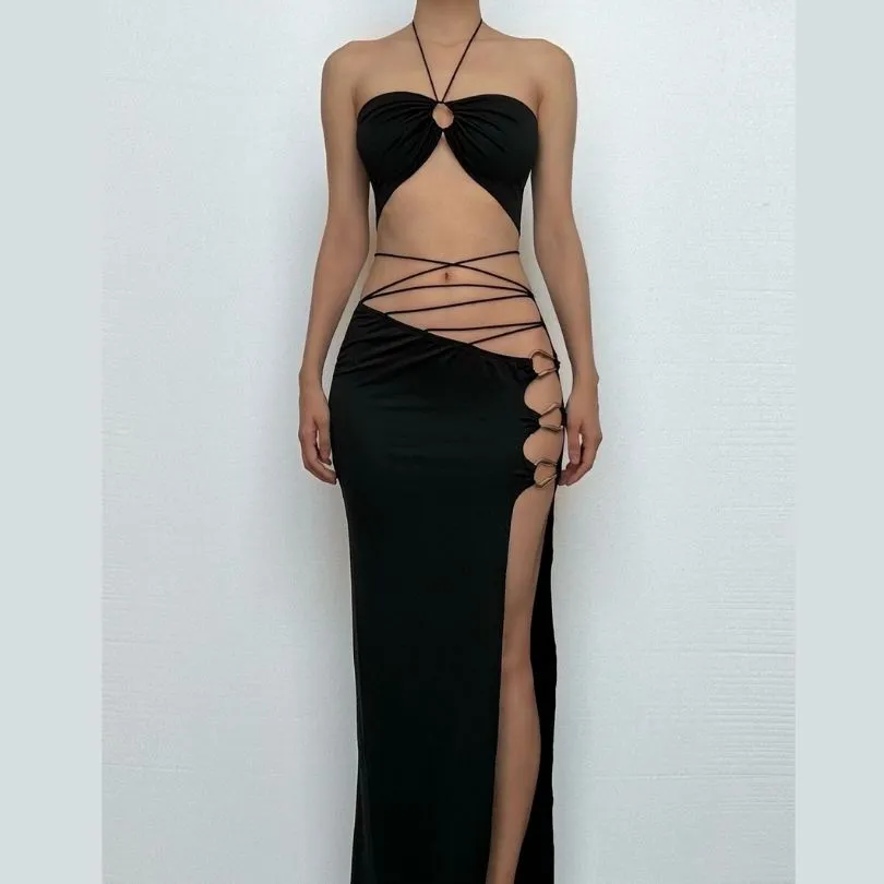 Halter cross front self tie o ring high slit maxi skirt set