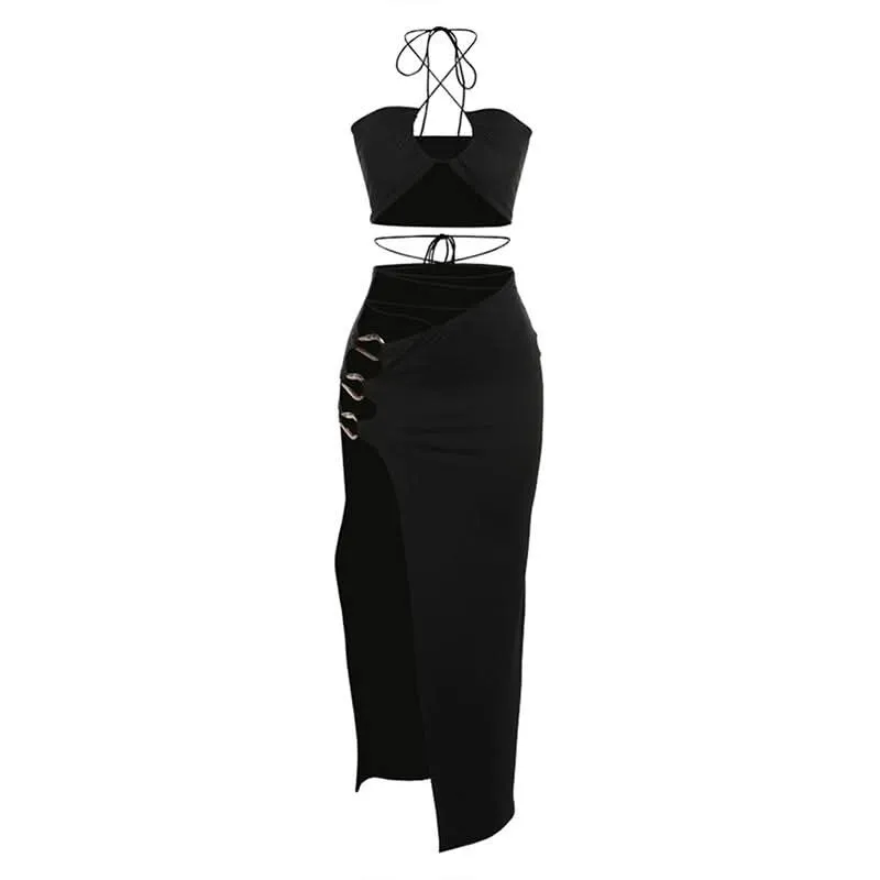 Halter cross front self tie o ring high slit maxi skirt set