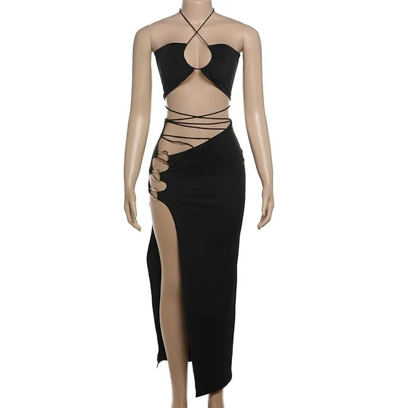 Halter cross front self tie o ring high slit maxi skirt set