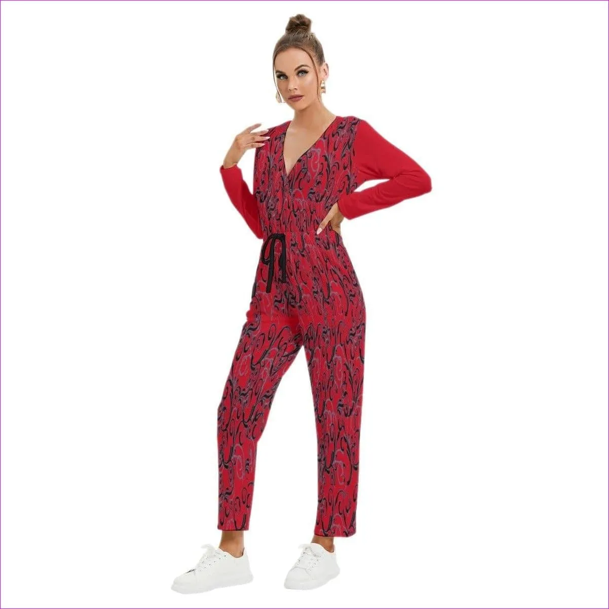 Intricate Red Womens V-neck High Waist Red Jumpsuit