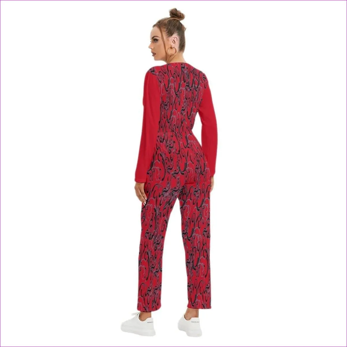 Intricate Red Womens V-neck High Waist Red Jumpsuit