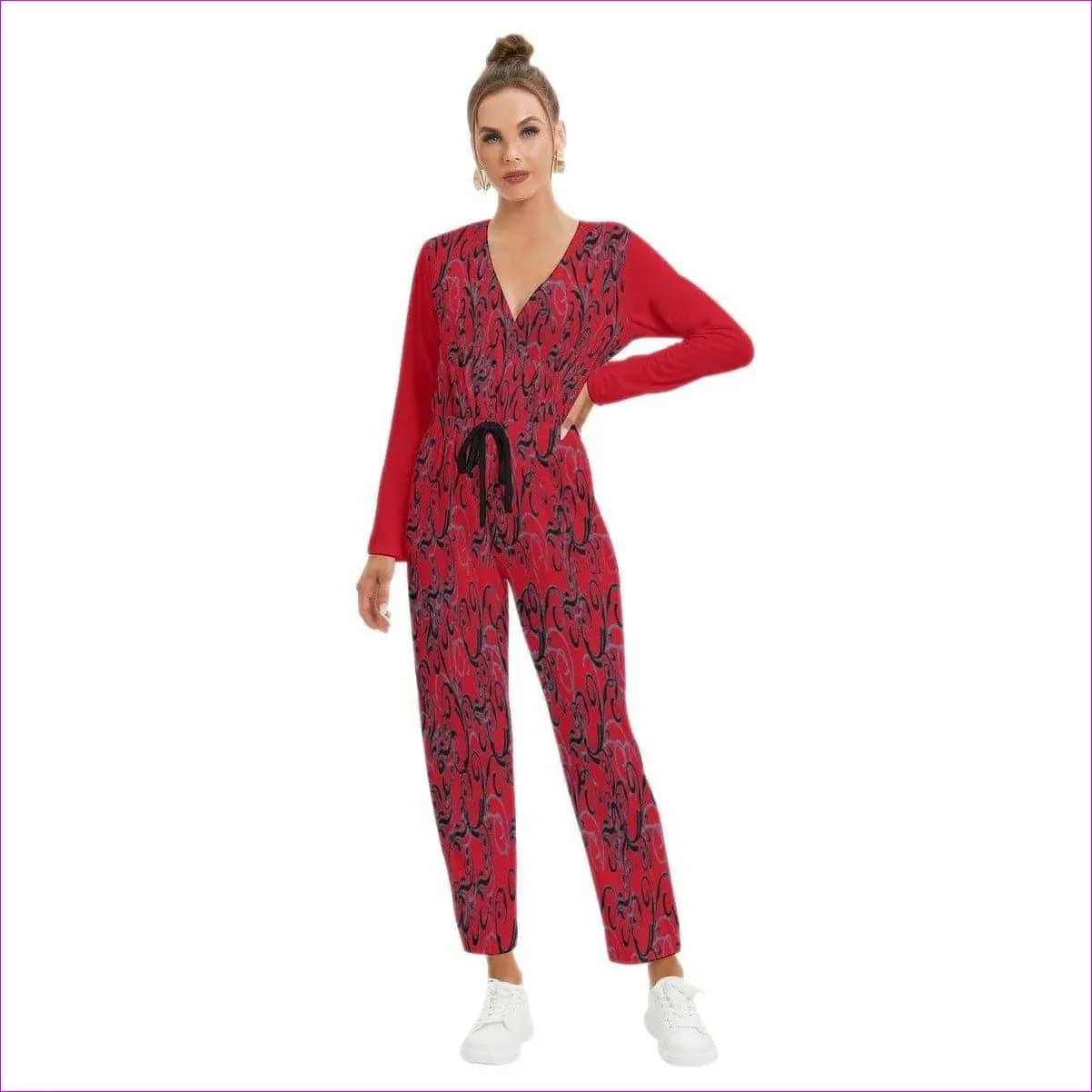 Intricate Red Womens V-neck High Waist Red Jumpsuit