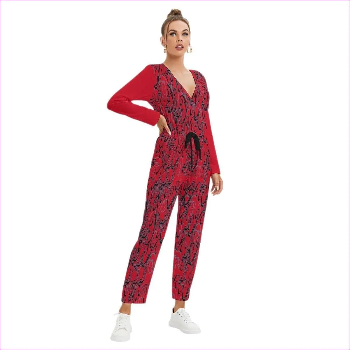 Intricate Red Womens V-neck High Waist Red Jumpsuit