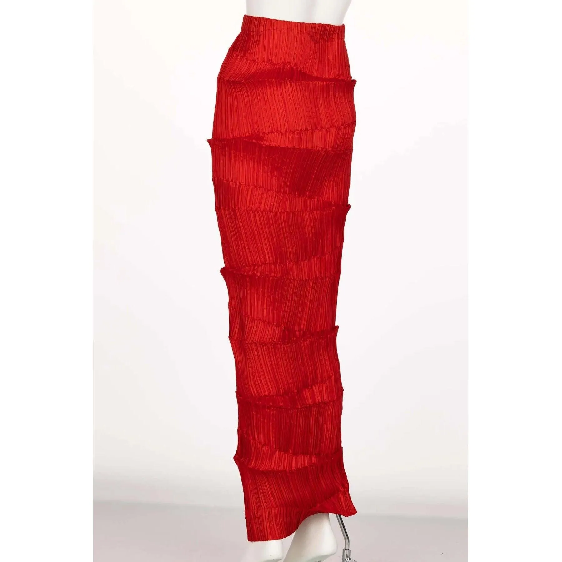 Issey Miyake Red Micro-Pleated Maxi Skirt | S