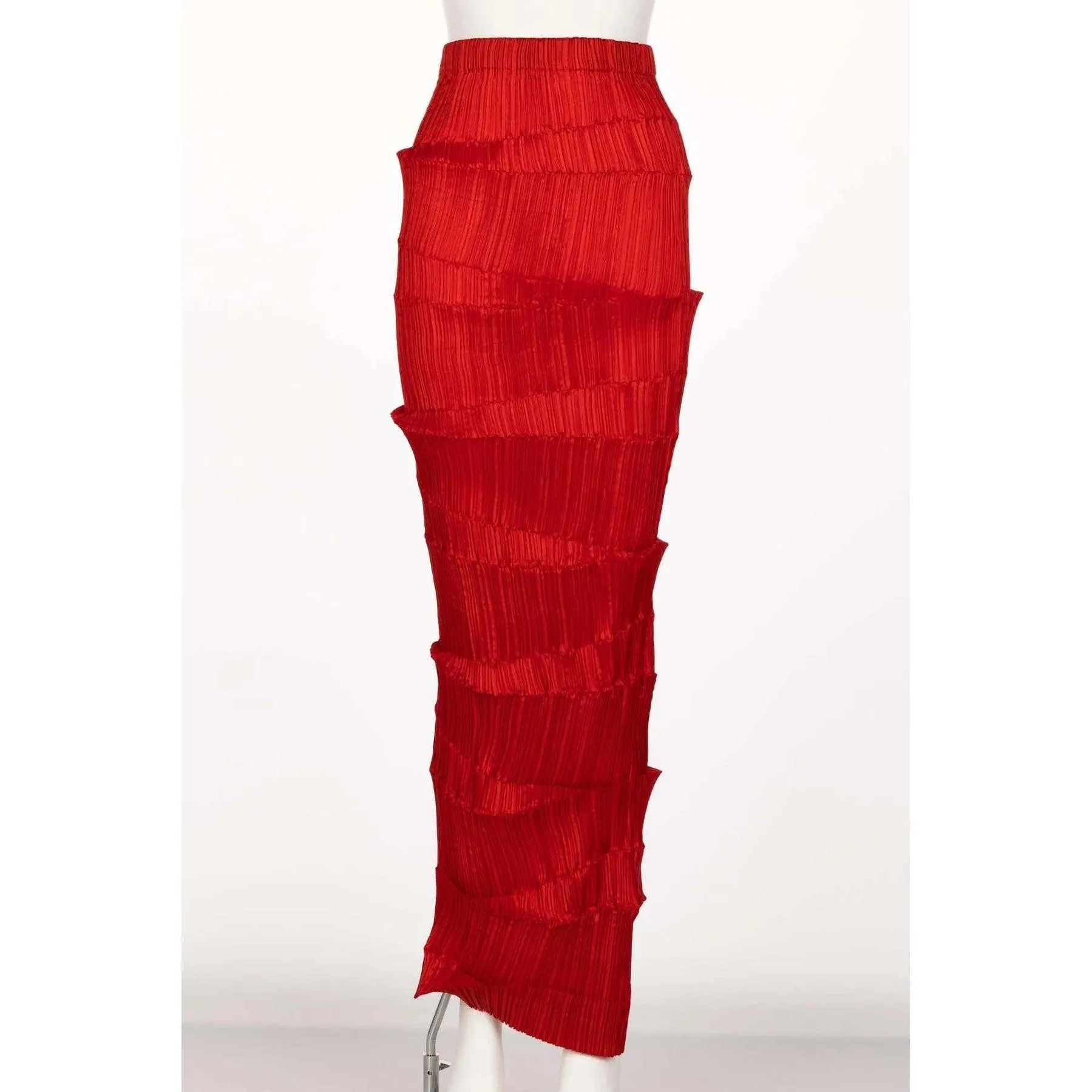 Issey Miyake Red Micro-Pleated Maxi Skirt | S