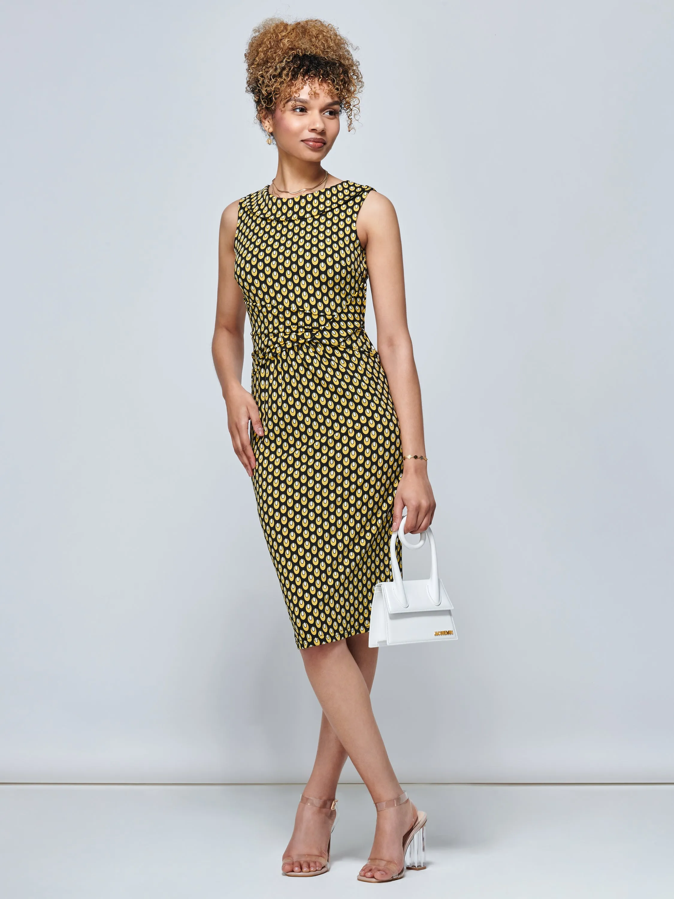 Jolie Moi Roll Collar Sleeveless Shift Dress, Yellow Geo