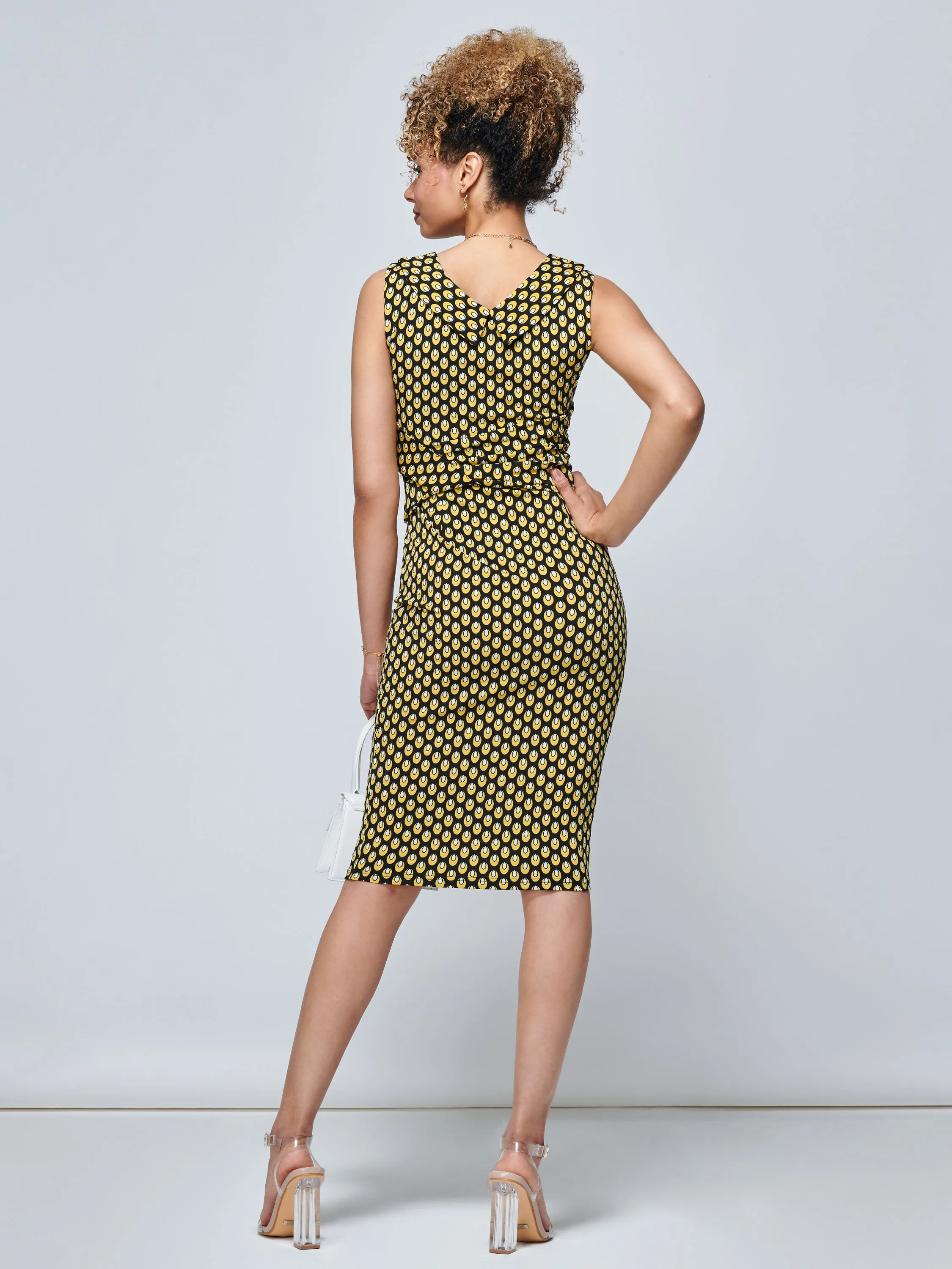 Jolie Moi Roll Collar Sleeveless Shift Dress, Yellow Geo