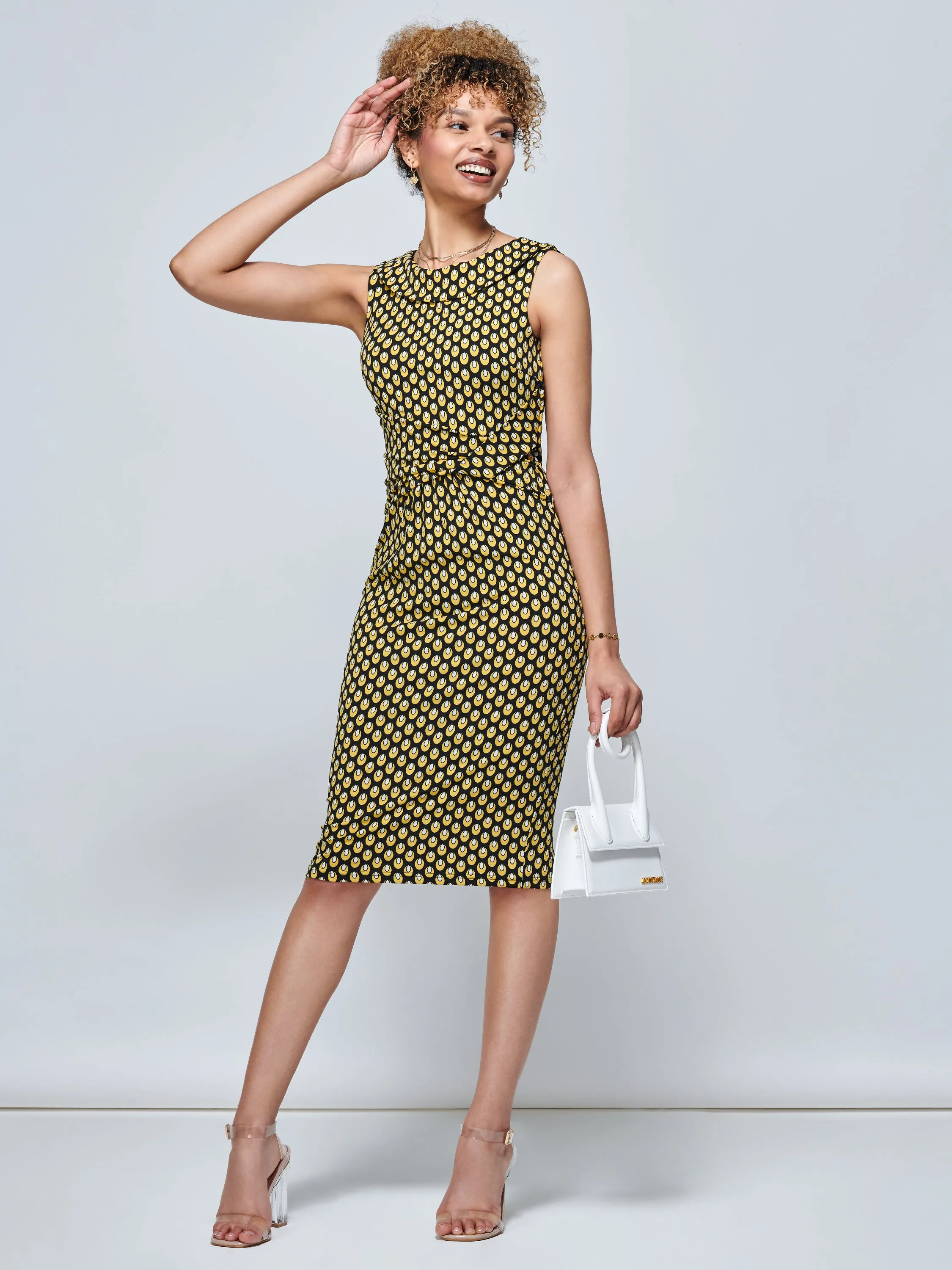 Jolie Moi Roll Collar Sleeveless Shift Dress, Yellow Geo