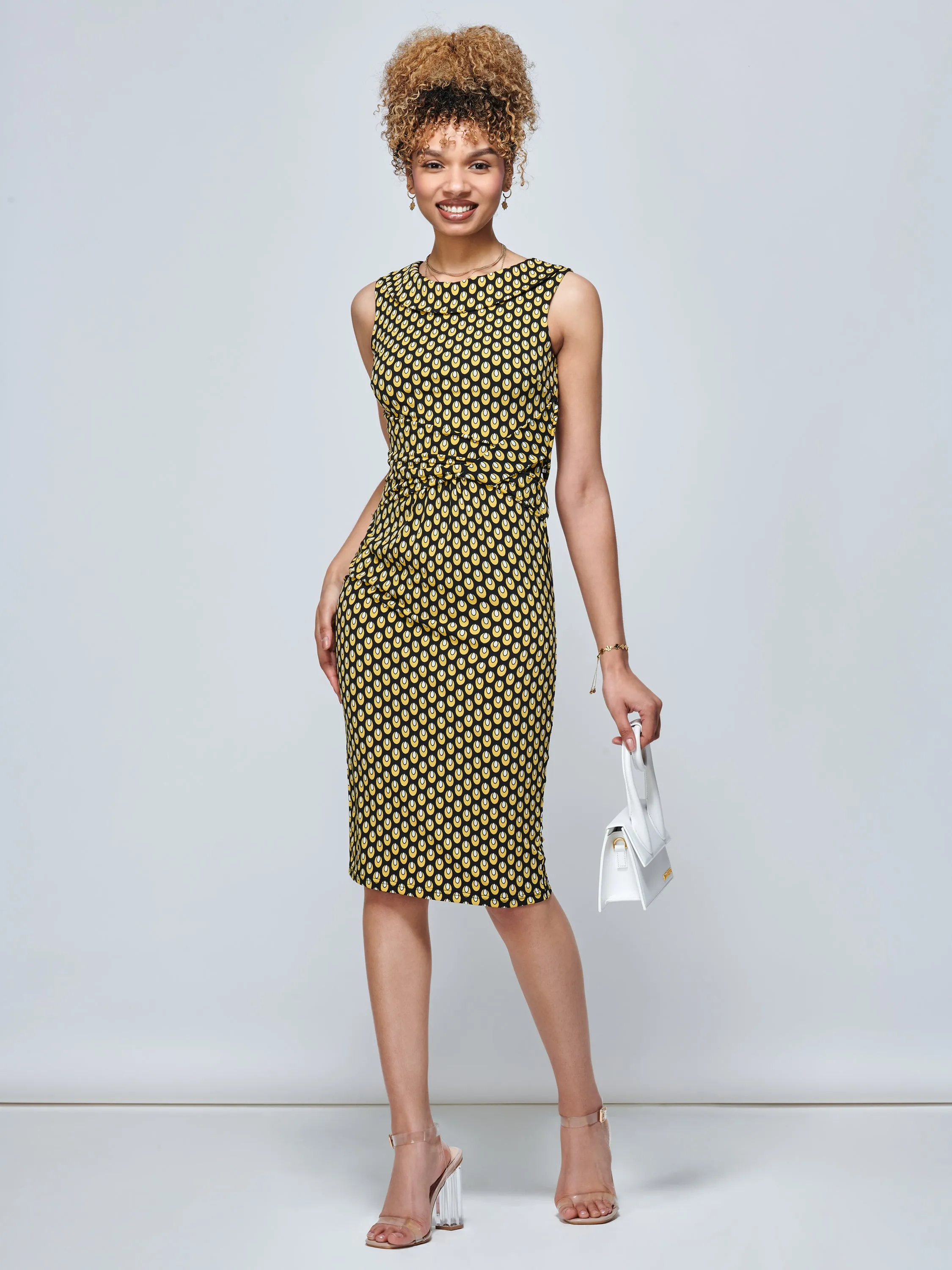 Jolie Moi Roll Collar Sleeveless Shift Dress, Yellow Geo