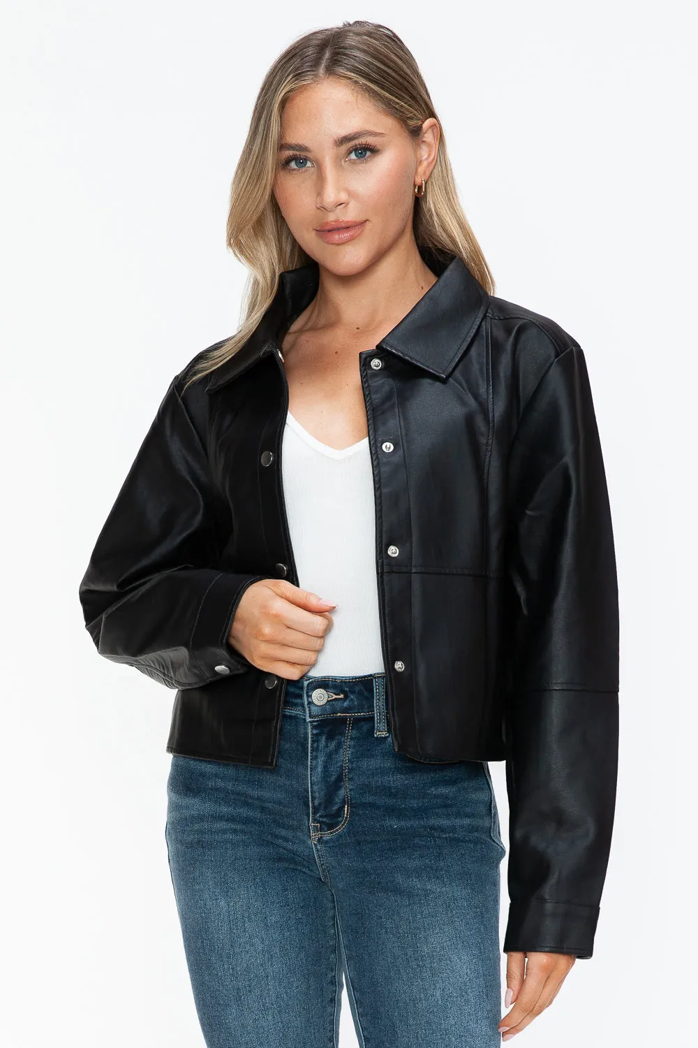 kesley Snobbish Snap Down Long Sleeve PU Leather Jacket