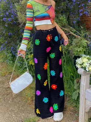 Knitted See Sexy Crochet Through Wide High Floral Autumn Legs Waist Elegant Beach Pants